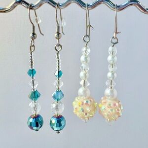Earrings Pierced Handcrafted Unique Teal/Crystals Faceted & Rainbow + Pearls